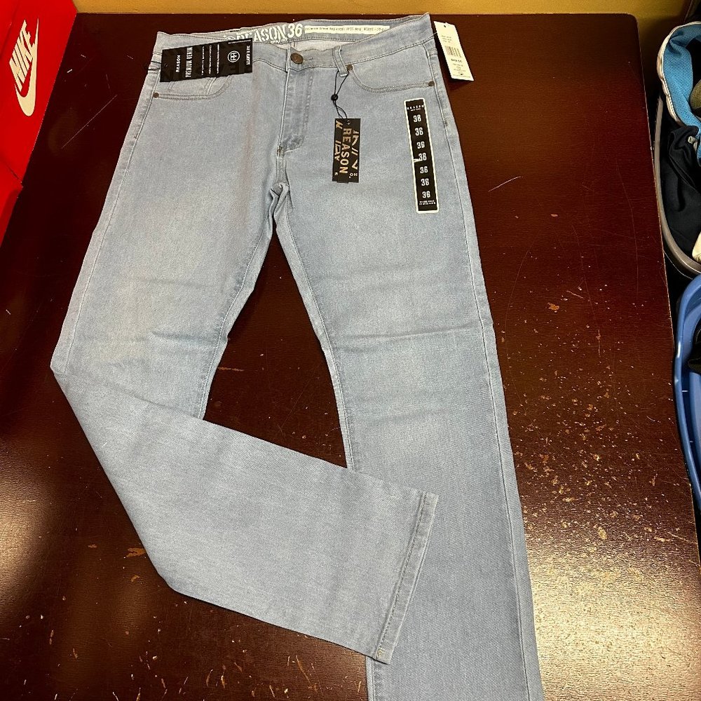 Reason Mens Blue Medium Wash 5 Pocket Denim Straight Leg Jeans Size 36